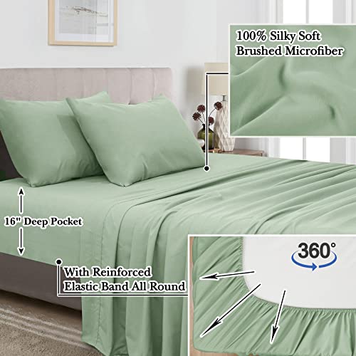 PHF 7 Pieces California King Comforter Set, Ultra Soft Bed in A Bag Comforter & Sheet Set- Botanical Bedding Set Include Comforter, Pillow Shams, Flat Sheet, Fitted Sheet and Pillowcases, Sage Green