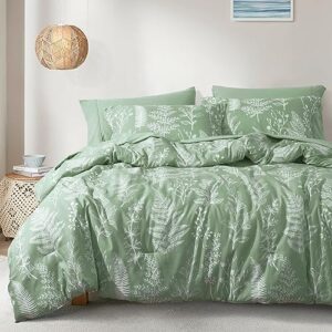 phf 7 pieces california king comforter set, ultra soft bed in a bag comforter & sheet set- botanical bedding set include comforter, pillow shams, flat sheet, fitted sheet and pillowcases, sage green