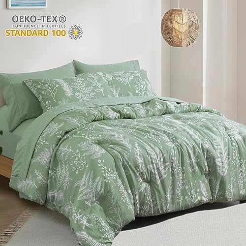 PHF 7 Pieces California King Comforter Set, Ultra Soft Bed in A Bag Comforter & Sheet Set- Botanical Bedding Set Include Comforter, Pillow Shams, Flat Sheet, Fitted Sheet and Pillowcases, Sage Green