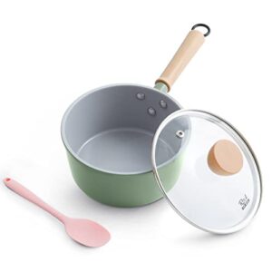 rockurwok ceramic nonstick sauce pan, 2.2 quart cooking pot, small saucepan with lid, ptfe & pfas-free, wooden handle for cool touch, universal base(gas, electric & induction), green