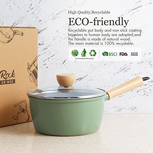ROCKURWOK Ceramic Nonstick Sauce Pan, 2.2 Quart Cooking Pot, Small Saucepan with Lid, PTFE & PFAS-Free, Wooden Handle for Cool Touch, Universal Base(Gas, Electric & Induction), Green