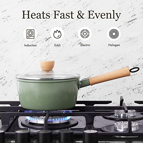 ROCKURWOK Ceramic Nonstick Sauce Pan, 2.2 Quart Cooking Pot, Small Saucepan with Lid, PTFE & PFAS-Free, Wooden Handle for Cool Touch, Universal Base(Gas, Electric & Induction), Green