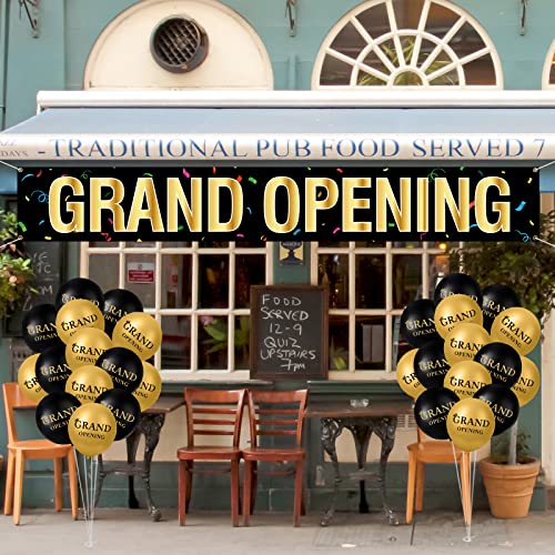 Charniol Large Grand Opening Banner 30 Pieces Latex Balloons Decorations 12 Inch 18 x 118 Retail Store Shop Business Restaurant Banners Flag (Black, Gold)