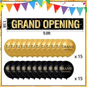 Charniol Large Grand Opening Banner 30 Pieces Latex Balloons Decorations 12 Inch 18 x 118 Retail Store Shop Business Restaurant Banners Flag (Black, Gold)