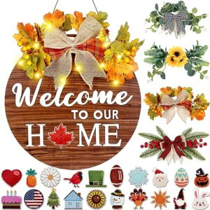 egticlive interchangeable welcome sign for front door, farmhouse front door signs with 4 seasonal wreaths and 21 changeable icons for house door porch decor