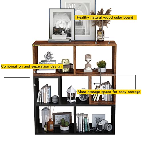 MIN WIN 7 Cube Storage Organizer,3 Tier Wood Bookshelf Free Combination Cubby Bookcase Open Standing Book Shelving Cabinet Display Cube Shelves Compartments for Study Living Room Office,Antique+Black