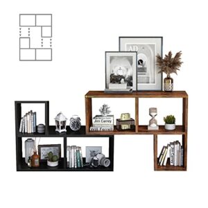 MIN WIN 7 Cube Storage Organizer,3 Tier Wood Bookshelf Free Combination Cubby Bookcase Open Standing Book Shelving Cabinet Display Cube Shelves Compartments for Study Living Room Office,Antique+Black