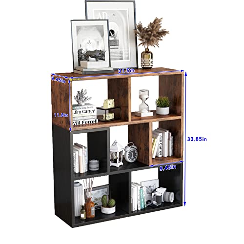 MIN WIN 7 Cube Storage Organizer,3 Tier Wood Bookshelf Free Combination Cubby Bookcase Open Standing Book Shelving Cabinet Display Cube Shelves Compartments for Study Living Room Office,Antique+Black