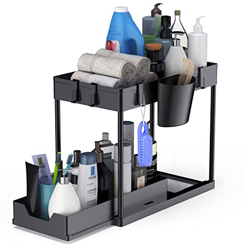 Bugdaben Under Sink Organizers and Storage - 2 Tier Sliding Under Sink Organizer with Dividers, 4 Hooks and 1 Hanging Cup, Multi-purpose Under Cabinet Organizer for Bathroom & Kitchen