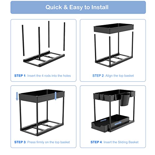 Bugdaben Under Sink Organizers and Storage - 2 Tier Sliding Under Sink Organizer with Dividers, 4 Hooks and 1 Hanging Cup, Multi-purpose Under Cabinet Organizer for Bathroom & Kitchen