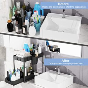 Bugdaben Under Sink Organizers and Storage - 2 Tier Sliding Under Sink Organizer with Dividers, 4 Hooks and 1 Hanging Cup, Multi-purpose Under Cabinet Organizer for Bathroom & Kitchen