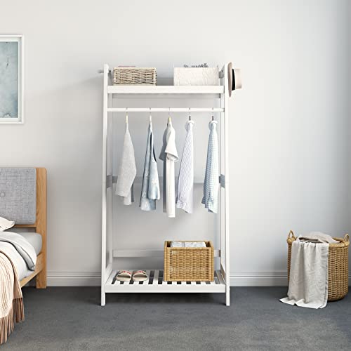 IOTXY Open Wood Garment Rack - White Solid Wood Freestanding Clothing Rack with Storage Shelves and Rod for Hanging Clothes, Open Shelving Wardrobe and Closet Organizer for Bedroom, 27.6" W