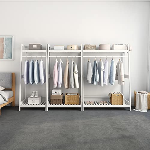 IOTXY Open Wood Garment Rack - White Solid Wood Freestanding Clothing Rack with Storage Shelves and Rod for Hanging Clothes, Open Shelving Wardrobe and Closet Organizer for Bedroom, 27.6" W