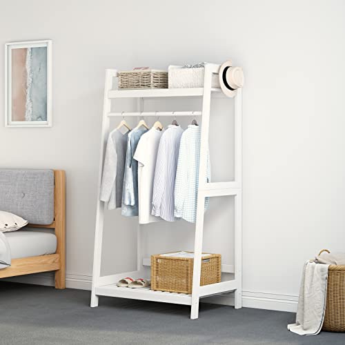 IOTXY Open Wood Garment Rack - White Solid Wood Freestanding Clothing Rack with Storage Shelves and Rod for Hanging Clothes, Open Shelving Wardrobe and Closet Organizer for Bedroom, 27.6" W