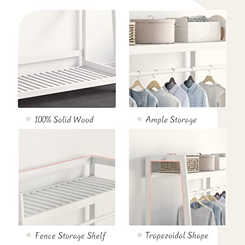 IOTXY Open Wood Garment Rack - White Solid Wood Freestanding Clothing Rack with Storage Shelves and Rod for Hanging Clothes, Open Shelving Wardrobe and Closet Organizer for Bedroom, 27.6" W