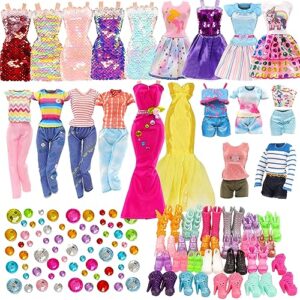 16 pack doll clothes and accessories 2 fashion dresses 2 sequin skirts 1 long dress 5 tops and pants outfits 5 shoes 1 diy sticker for 11.5 inch girl doll