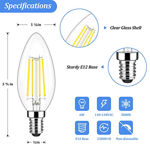 Brightever E12 Candelabra LED Light Bulbs 60 Watt Equivalent, 620 Lumen 6W Clear LED Filament Candle Bulbs, Daylight White 5000K Non-Dimmable Chandelier Light Bulbs for Ceiling Fan, Pack of 5