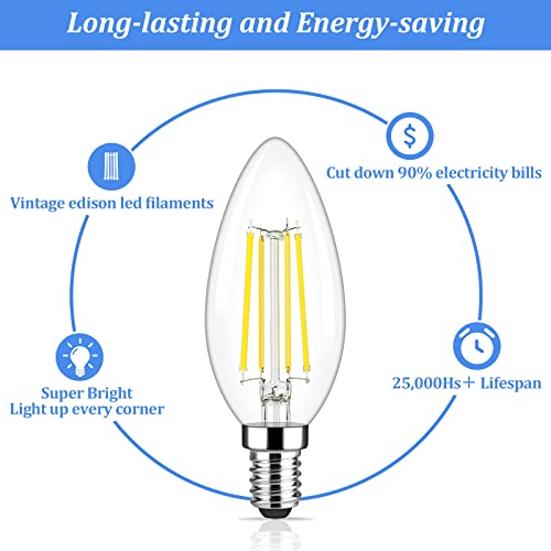 Brightever E12 Candelabra LED Light Bulbs 60 Watt Equivalent, 620 Lumen 6W Clear LED Filament Candle Bulbs, Daylight White 5000K Non-Dimmable Chandelier Light Bulbs for Ceiling Fan, Pack of 5