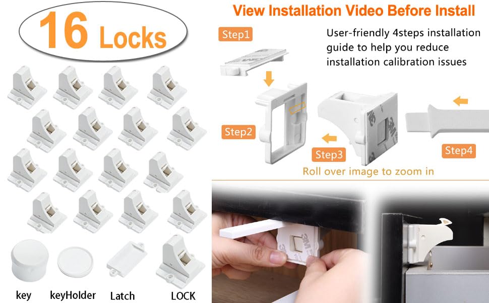 Vmaisi Baby Proofing Magnetic Cabinet Locks (16 Locks and 2 Keys + Installation Cradle Tool)