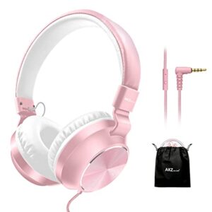 akz on-ear headphones with microphone, foldable headphones with tangle-free cord, headphone with hd sound, 3.5mm jack, portable wired headphones for school/kids/smartphones/tablet/travel (pink)