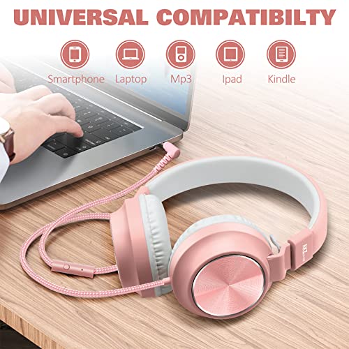 AKZ On-Ear Headphones with Microphone, Foldable Headphones with Tangle-Free Cord, Headphone with HD Sound, 3.5MM Jack, Portable Wired Headphones for School/Kids/Smartphones/Tablet/Travel (Pink)