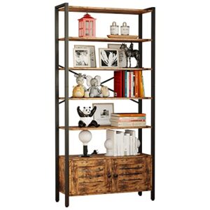 ironck bookshelf and bookcase with adjustable 5 shelves, 70" h x 31.5" w wide bookshelves with door and wheels, vintage brown