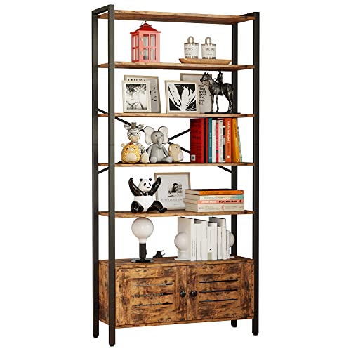 IRONCK Bookshelf and Bookcase with Adjustable 5 Shelves, 70" H x 31.5" W Wide Bookshelves with Door and Wheels, Vintage Brown