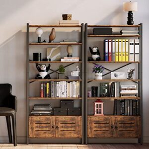 IRONCK Bookshelf and Bookcase with Adjustable 5 Shelves, 70" H x 31.5" W Wide Bookshelves with Door and Wheels, Vintage Brown