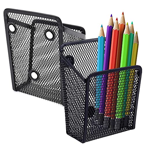 2 Pack of Magnetic Metal Mesh Pen Holder, Black Stainless Steel Pencil Holder with Magnets, Basket Storage Organizer for Whiteboard, Blackboard, Kitchen, Locker, Home, or Office