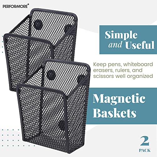 2 Pack of Magnetic Metal Mesh Pen Holder, Black Stainless Steel Pencil Holder with Magnets, Basket Storage Organizer for Whiteboard, Blackboard, Kitchen, Locker, Home, or Office