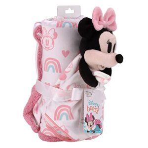 Disney Minnie Mouse White, Pink, and Aqua Rainbows and Hearts Super Soft Sherpa Baby Blanket and Security Blanket 2-Piece Set