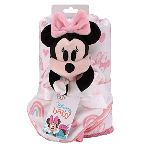 Disney Minnie Mouse White, Pink, and Aqua Rainbows and Hearts Super Soft Sherpa Baby Blanket and Security Blanket 2-Piece Set