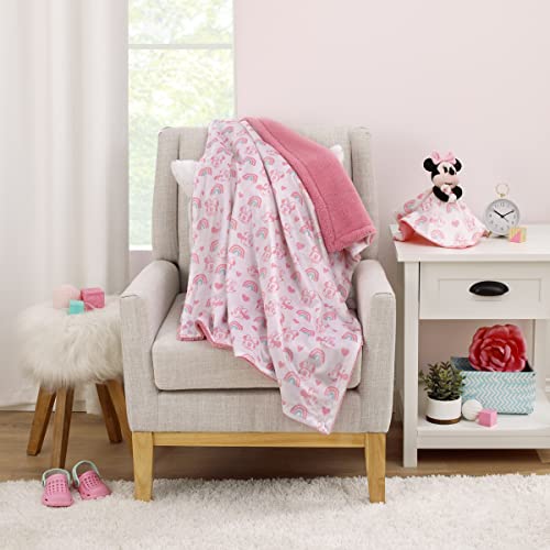 Disney Minnie Mouse White, Pink, and Aqua Rainbows and Hearts Super Soft Sherpa Baby Blanket and Security Blanket 2-Piece Set