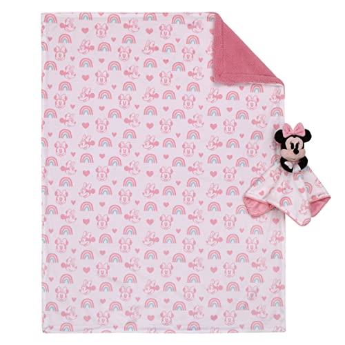 Disney Minnie Mouse White, Pink, and Aqua Rainbows and Hearts Super Soft Sherpa Baby Blanket and Security Blanket 2-Piece Set