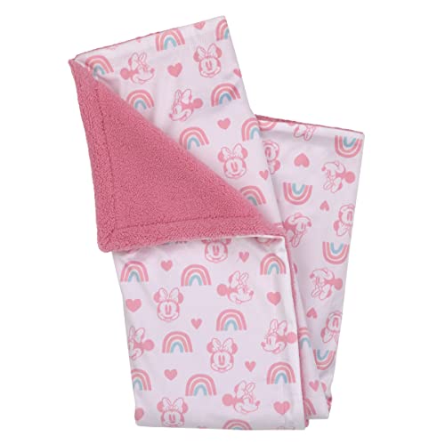 Disney Minnie Mouse White, Pink, and Aqua Rainbows and Hearts Super Soft Sherpa Baby Blanket and Security Blanket 2-Piece Set