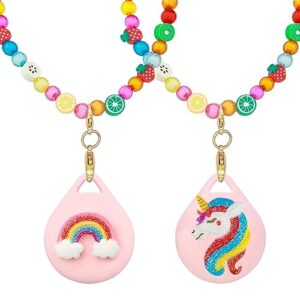 xeewen 2 pack cute airtag necklace holder for kids, kawaii unicorn and rainbow beaded necklace case for apple airtag