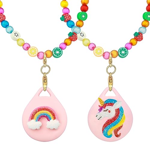 XEEWEN 2 Pack Cute Airtag Necklace Holder for Kids, Kawaii Unicorn and Rainbow Beaded Necklace Case for Apple Airtag