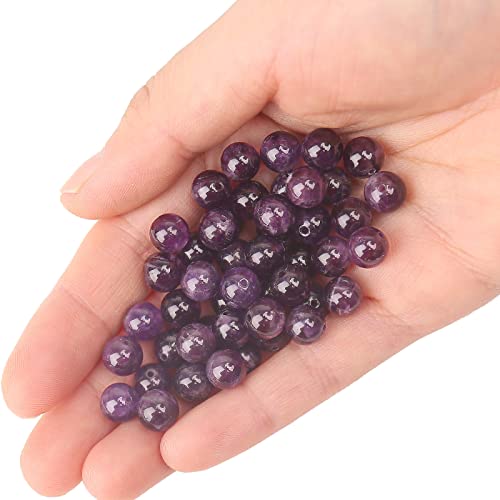 70PCS Natural 8MM Healing Gemstone, Amethyst Energy Stone Round Loose Beads, Semi-Precious Crystal Beads with Free Elastic String for Jewelry Making DIY