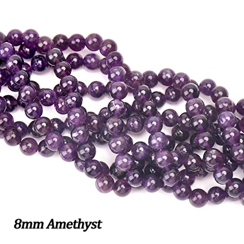 70PCS Natural 8MM Healing Gemstone, Amethyst Energy Stone Round Loose Beads, Semi-Precious Crystal Beads with Free Elastic String for Jewelry Making DIY