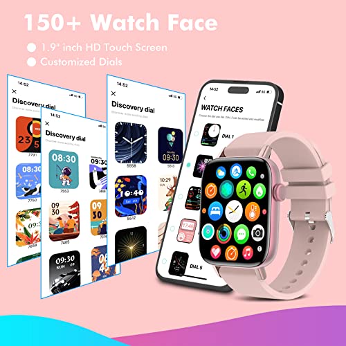 Smart Watch for Women Men (Answer/Make Calls), 1.9" Smartwatch Fitness Tracker for Android iPhone, Waterproof Sport Digital Watches, Blood Pressure Heart Rate Monitor Step Counter Sleep Tracker-Pink