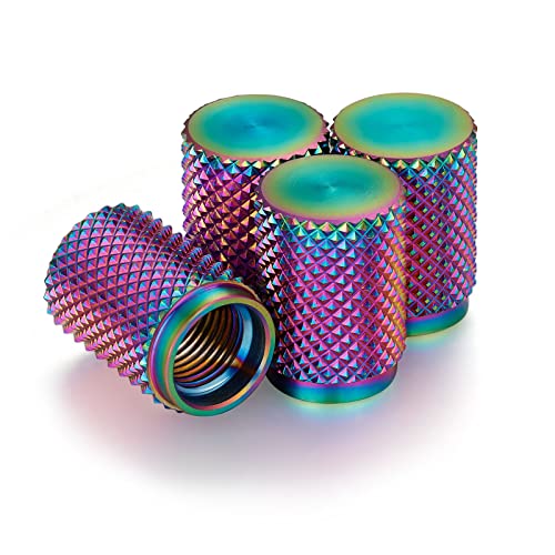 STEEL HAWK Precision CNC Machined Stainless Steel Extended Knurled Tire Air Valve Caps, Wheel Tyre Stem Covers for Cars- 4 Pack- PVD Rainbow