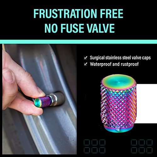 STEEL HAWK Precision CNC Machined Stainless Steel Extended Knurled Tire Air Valve Caps, Wheel Tyre Stem Covers for Cars- 4 Pack- PVD Rainbow