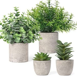 fiahosey set of 4 fake plant indoor, artificial potted eucalyptus rosemary mini succulents faux plants in paper pulp pots for home decor living room bedroom desktop bookshelf decoration