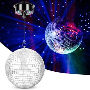 meagoo disco ball with motor and light, 8" hanging mirror ball and 6rpm batteries powered rotating motor with 4 light colors and 18 leds for disco party decoration, dj club, wedding, birthday