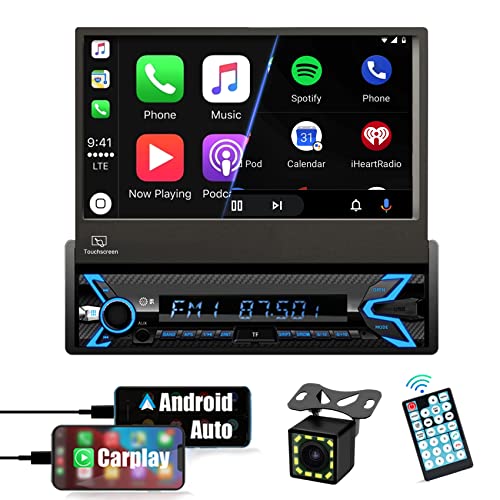 SEMAITU Single Din Car Stereo with 7 Inch Motorized Flip Out IPS HD Touchscreen, Compatible with Apple Carplay & Android Auto, Wide Angle Rear Camera, Support DSP Bluetooth AUX USB SD TF AM/FM Radio