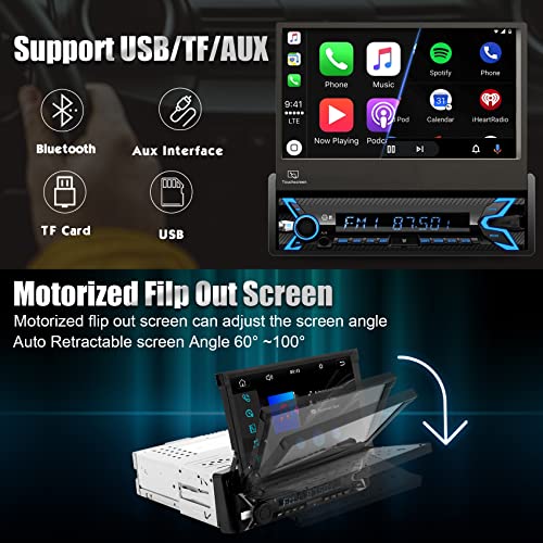 SEMAITU Single Din Car Stereo with 7 Inch Motorized Flip Out IPS HD Touchscreen, Compatible with Apple Carplay & Android Auto, Wide Angle Rear Camera, Support DSP Bluetooth AUX USB SD TF AM/FM Radio