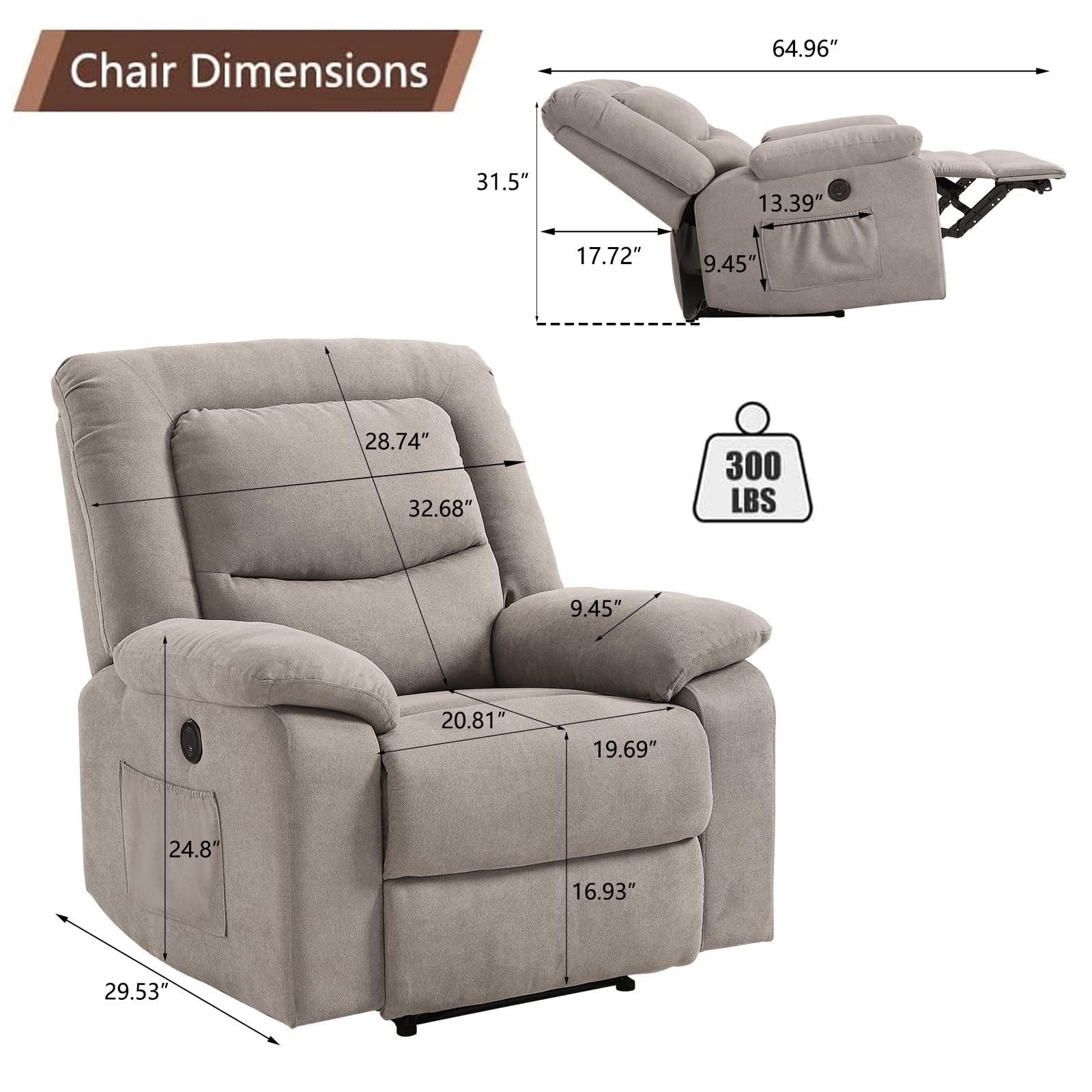 Consofa Electric Power Recliner Chair with Massage and Heat, Electric Recliner Chairs for Seniors, Electric Power Recliner Chair with USB Port, 2 Side Pockets, Microfiber Fabirc (Camel)