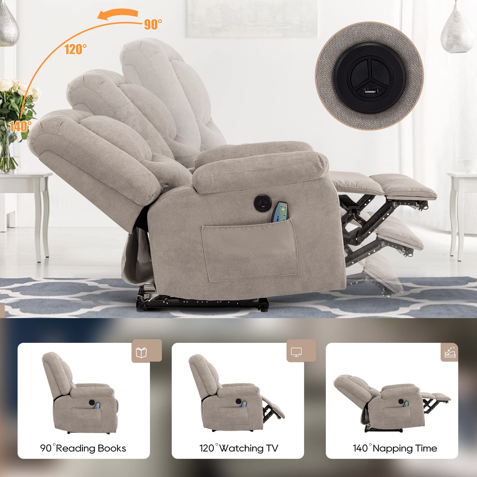 Consofa Electric Power Recliner Chair with Massage and Heat, Electric Recliner Chairs for Seniors, Electric Power Recliner Chair with USB Port, 2 Side Pockets, Microfiber Fabirc (Camel)