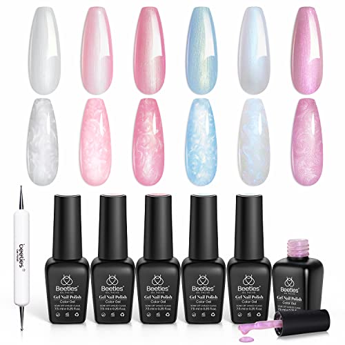 Beetles Pearl Gel Nail Polish Set 6 Colors Pearlescent Shell Glitter White Pink Blue Shimmer Mermaid Nail Gel Polish Soak Off Uv Led Gel Polish Swirl Thread Effect DIY Manicure Art