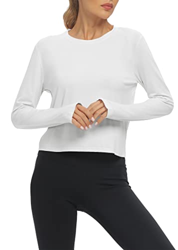 Mippo Yoga Top for Women Long Sleeve Workout Shirts Athletic Tops Work Out Tshirts Gym Clothes Sports Running Shirt Soft Breathable Athleisure Tops Loose Fit White S